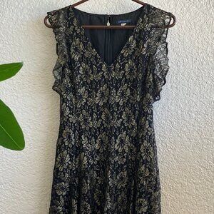 Tommy Hilfiger Black and Gold Knee Length Dress with Flutter Sleeves, Size 8